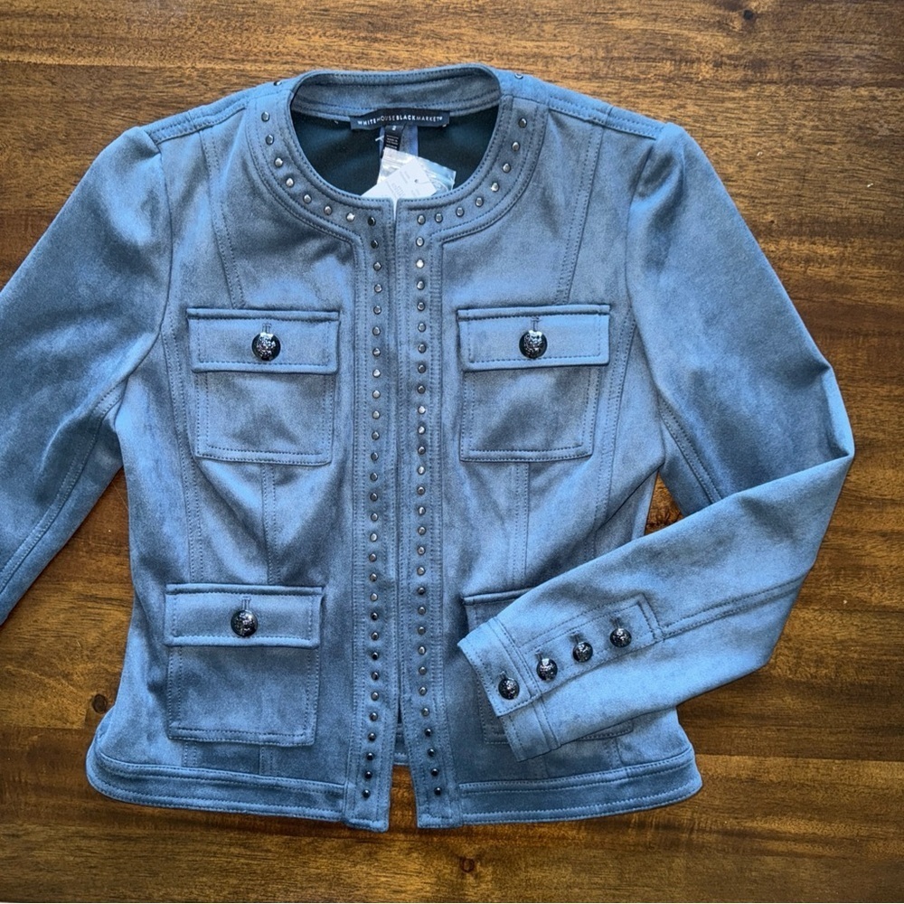 NWT $175 White House Black Market Indigo Blue Ultrasuede Studded Jacket Size 2 - Picture 2 of 13